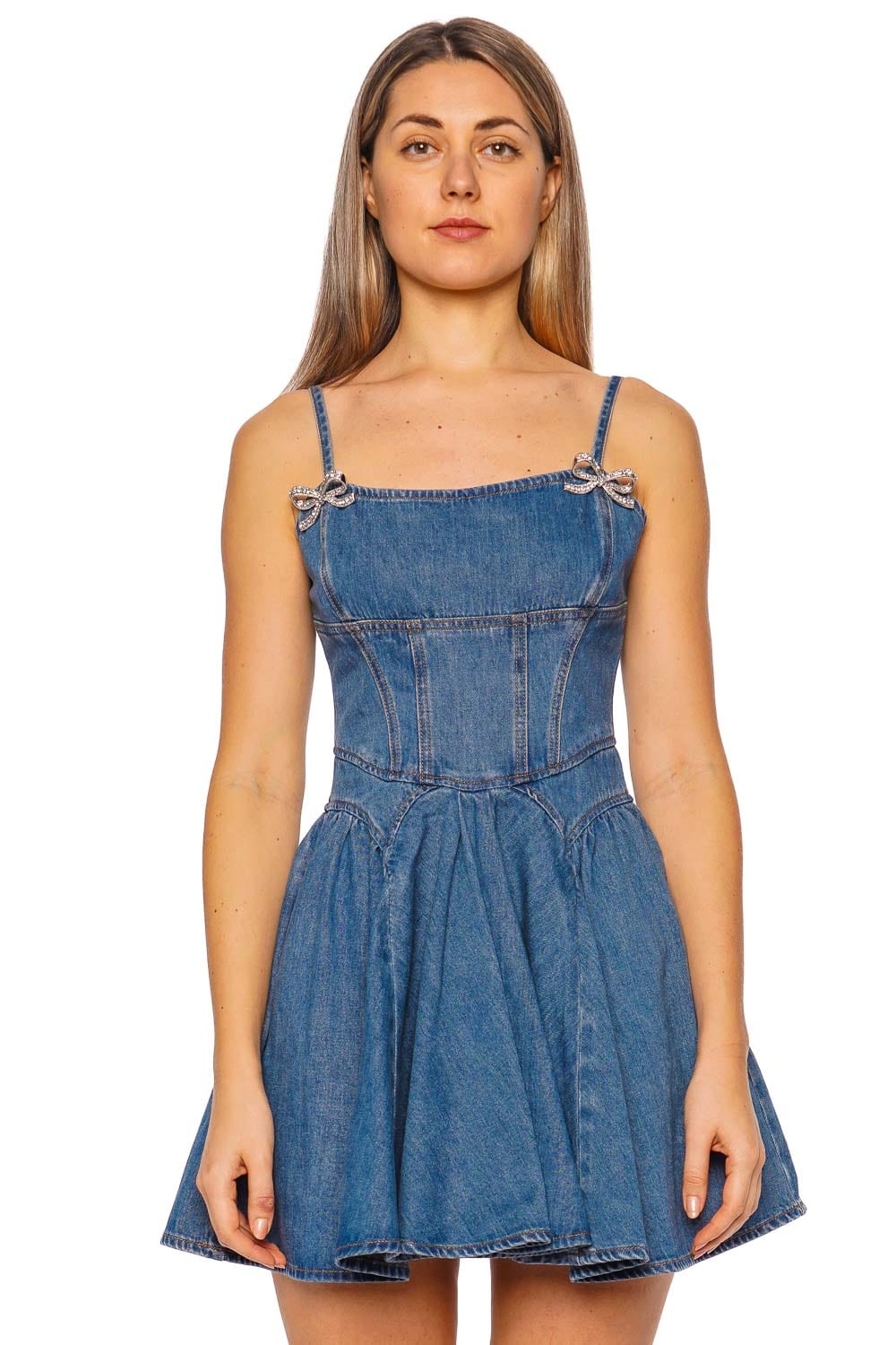 self-portrait Embellished Denim Flared Mini Dress