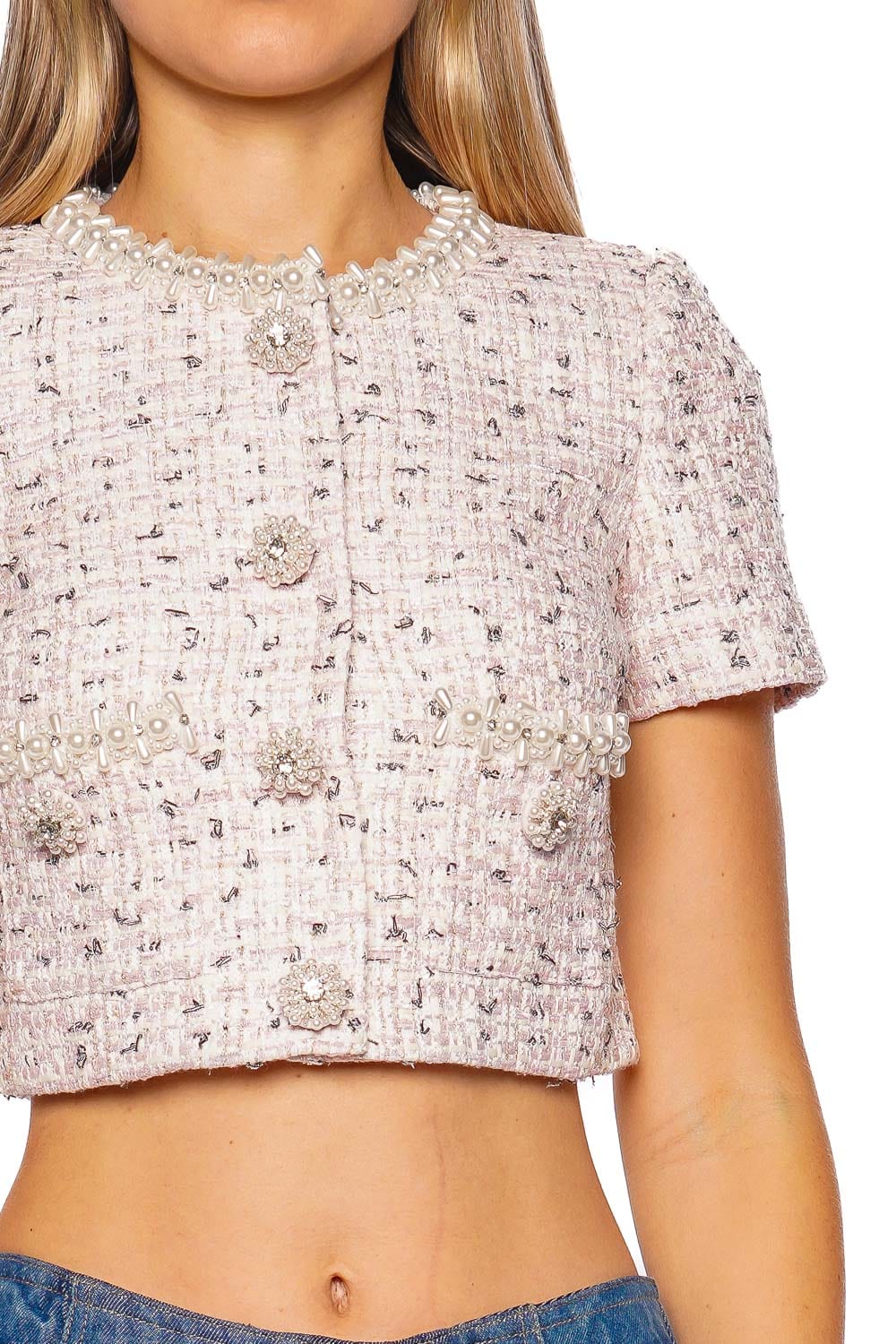 self-portrait Pink Boucle Short Sleeve Pearl Top