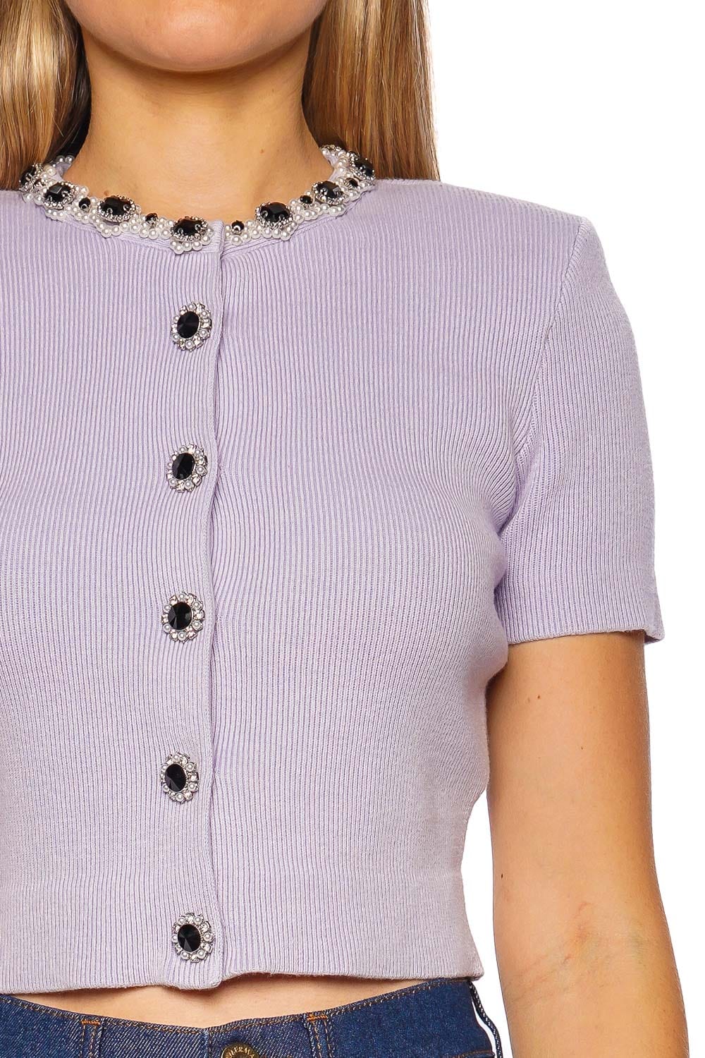 self-portrait Lilac Embellished Rib Knit Top