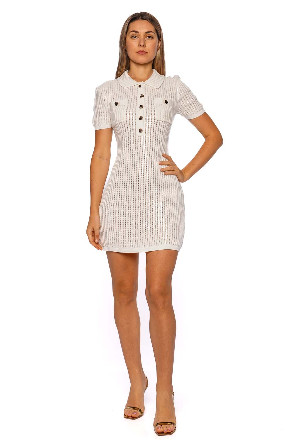 self-portrait WHITE SEQUIN CROCHET MINI DRESS SS25-126S-W WHITE