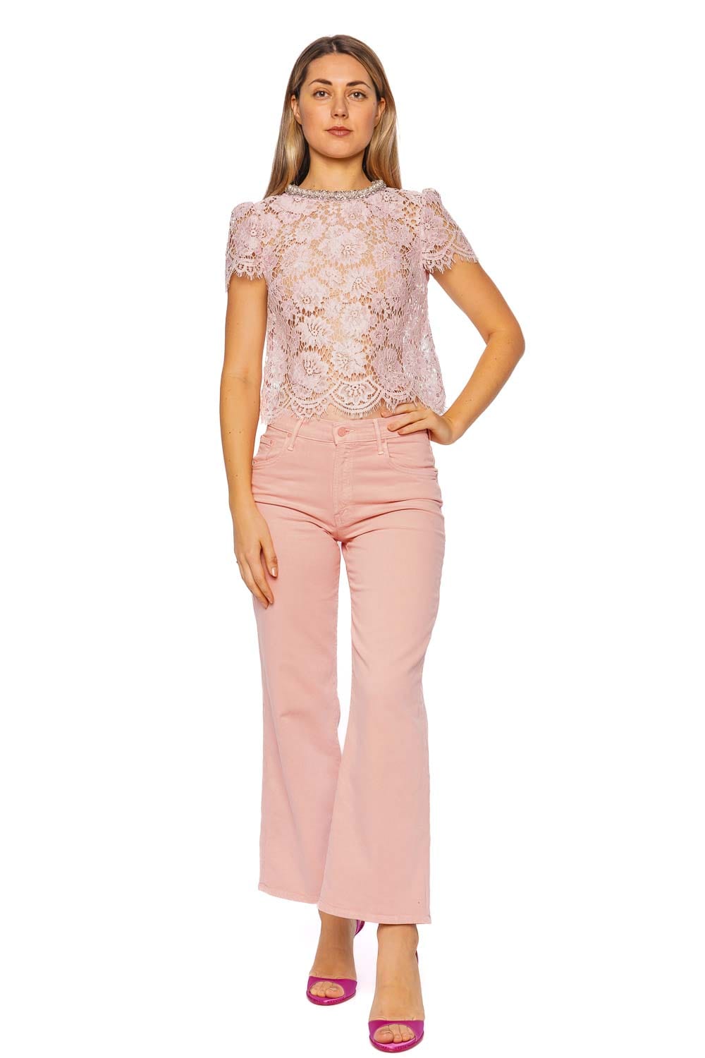 self-portrait Pink Embellished Lace Top