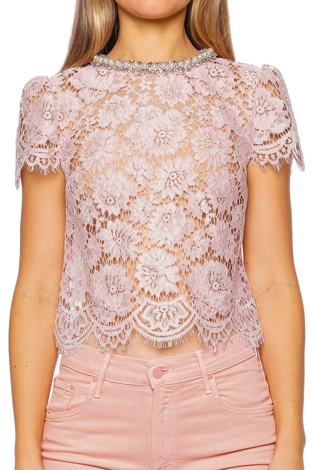 self-portrait Pink Embellished Lace Top