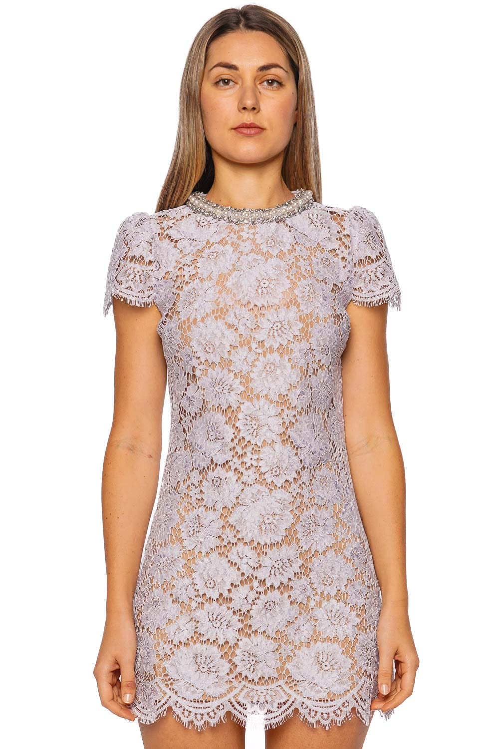 self-portrait Lilac Pearl Embellished Lace Mini Dress