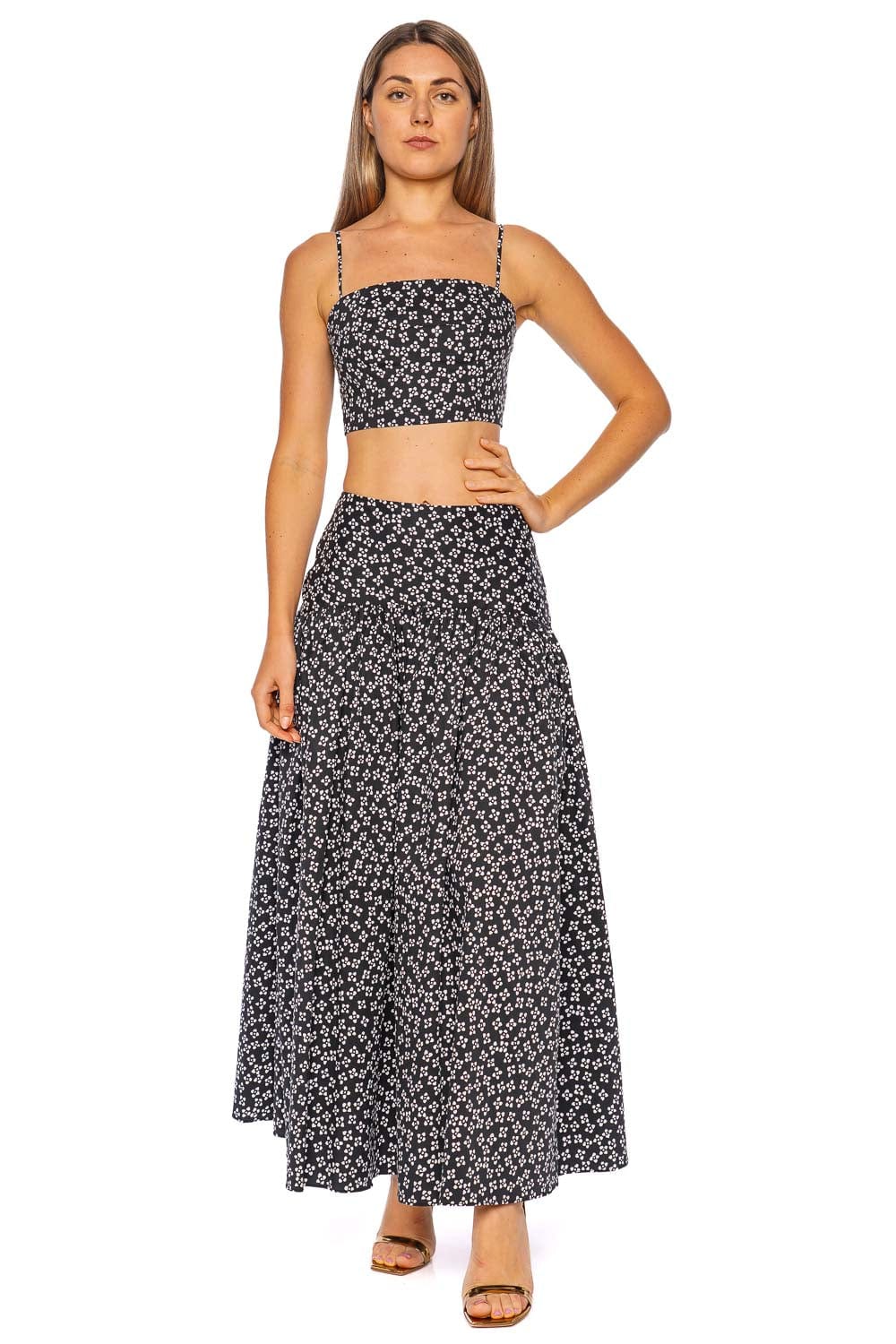 Staud Procida Black Floral Midi Skirt