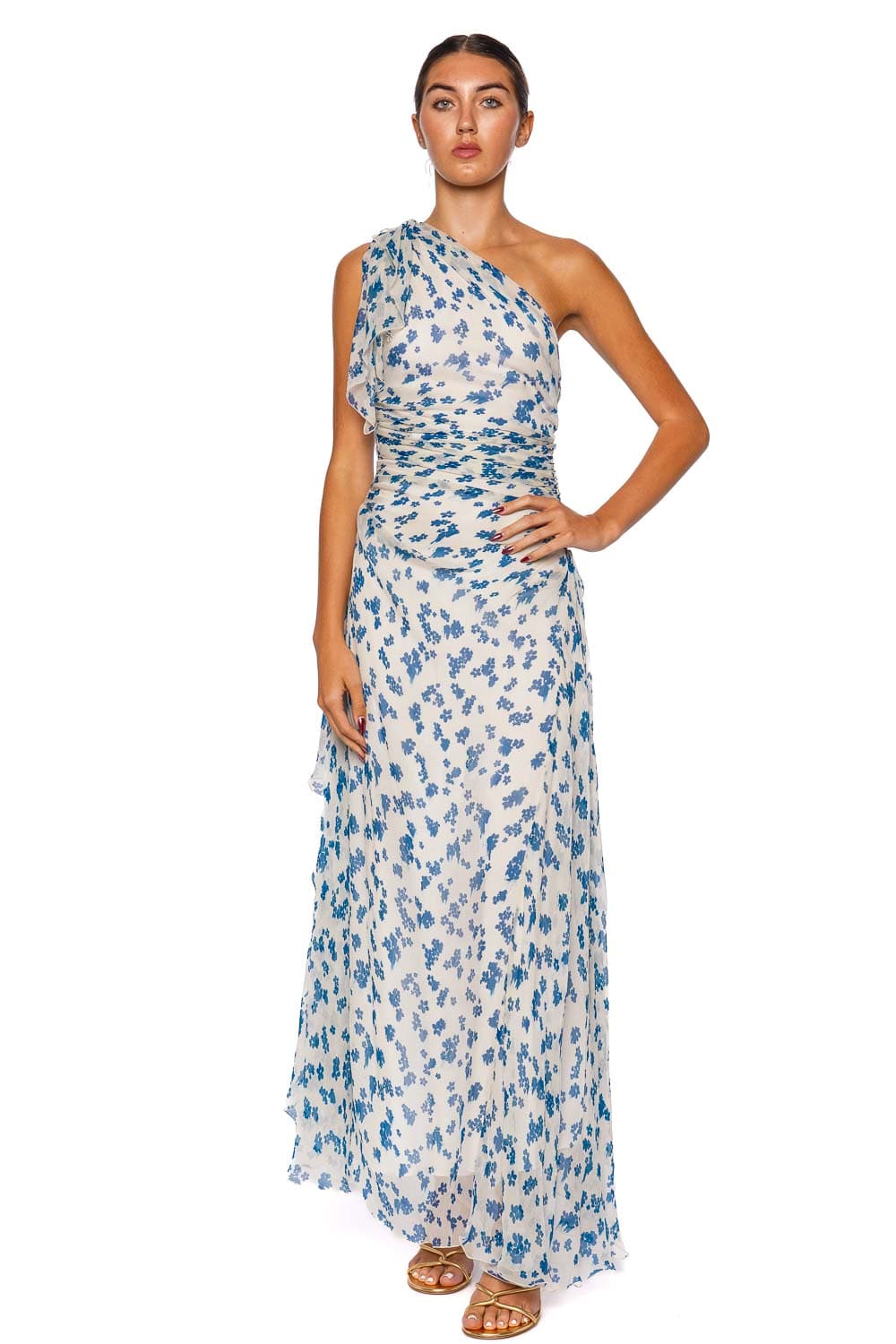 Floral Silk Chiffon One Shoulder Midi Dress