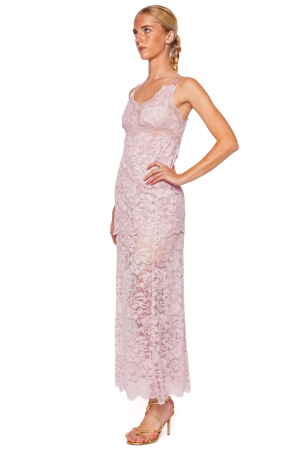 Rabanne Powder Pink Scalloped Lace Maxi Dress