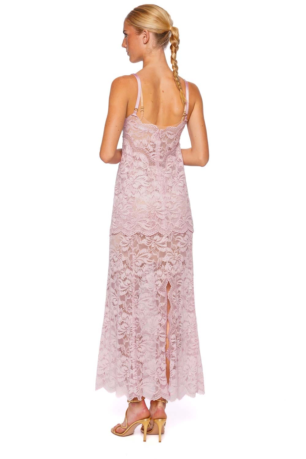 Rabanne Powder Pink Scalloped Lace Maxi Dress