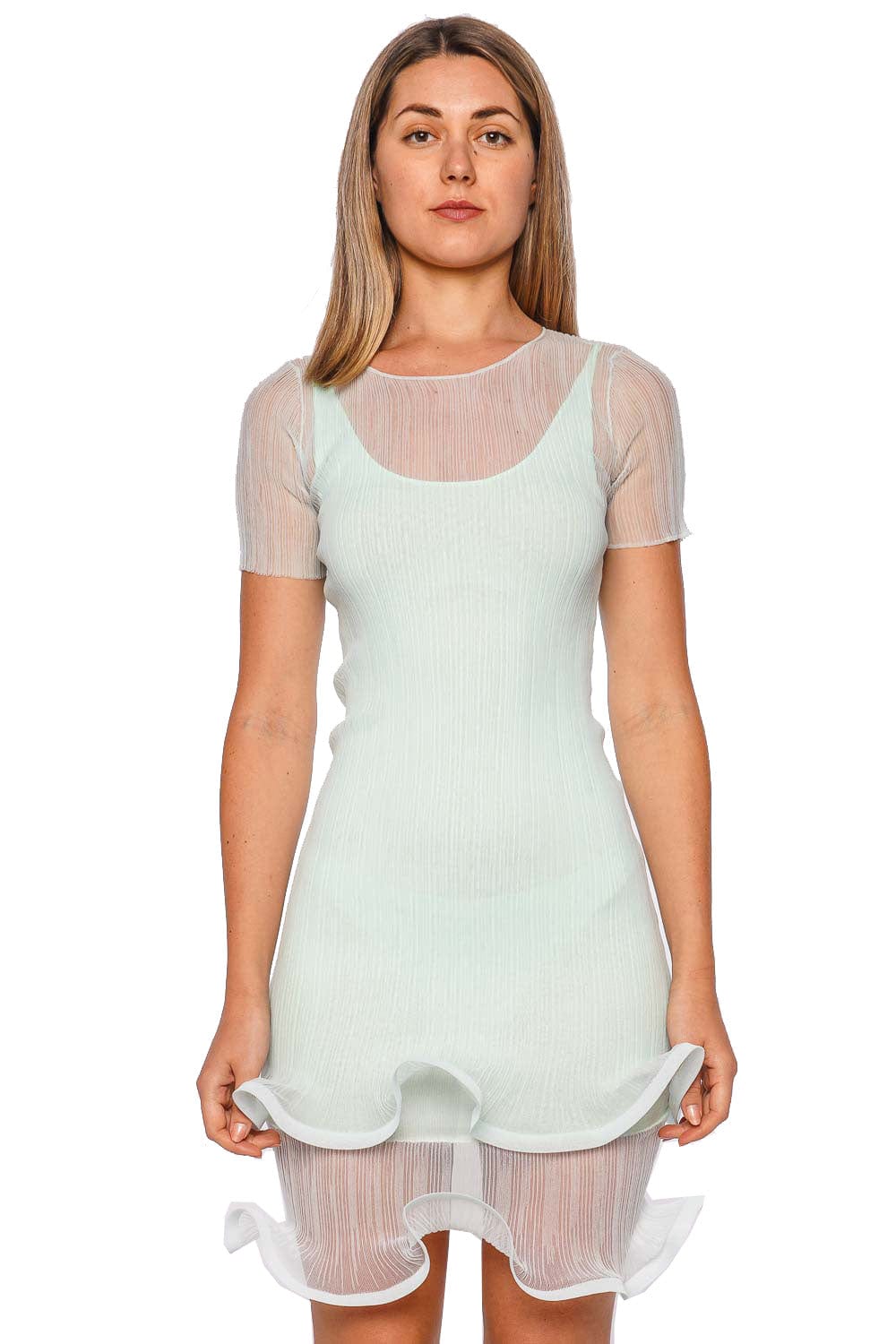 SIMKHAI Jett Seafoam Plisse Short Sleeve Mini Dress