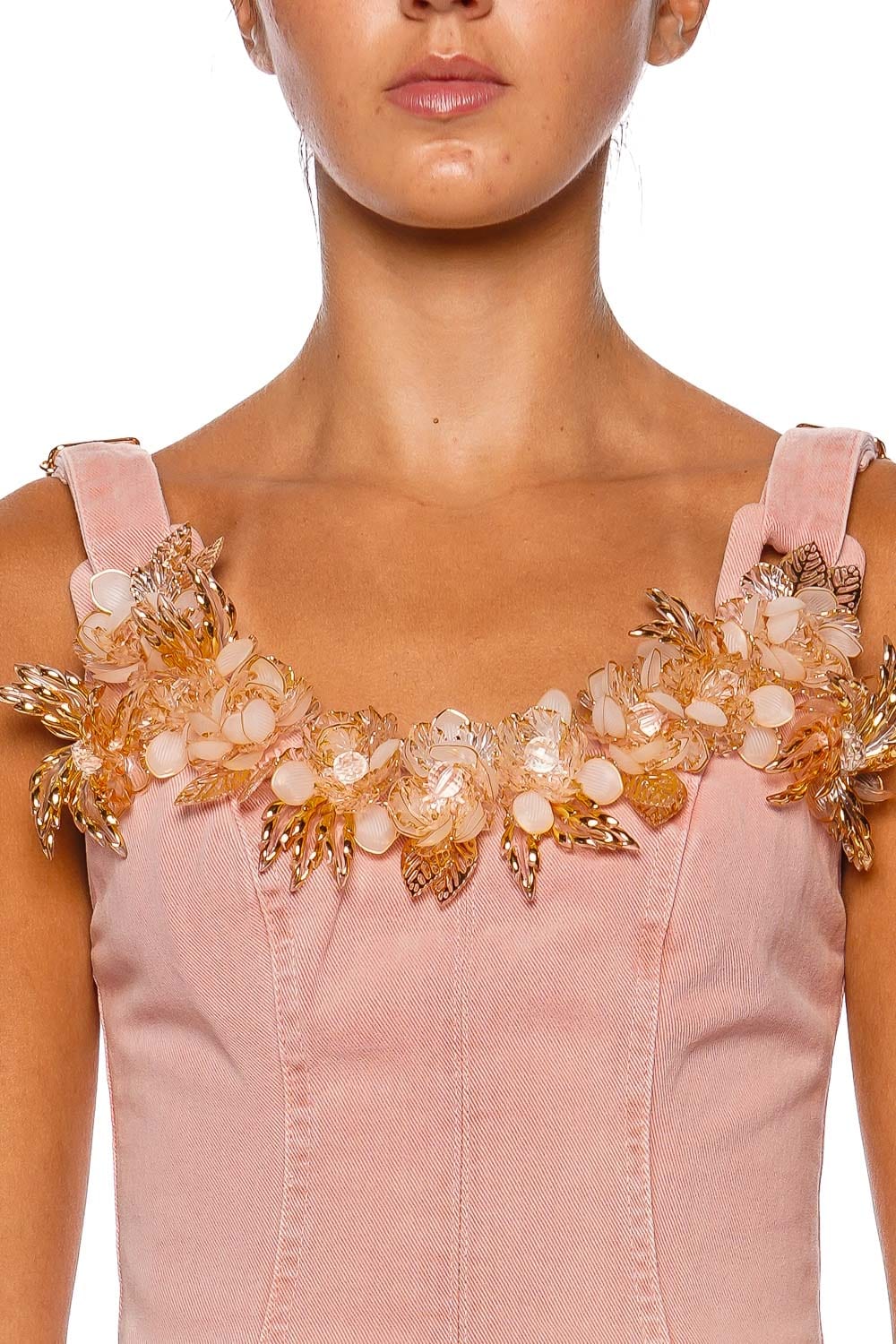 PatBO Pink Denim Floral Embellished Mini Dress