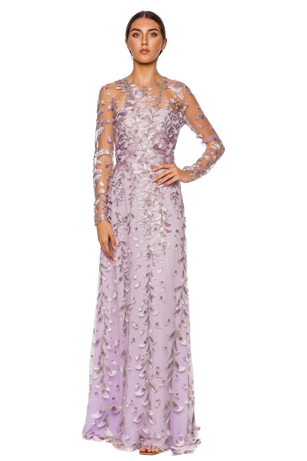 Naeem Khan FLORAL LACE LONG SLEEVE GOWN S25-340G LILAC MULTI