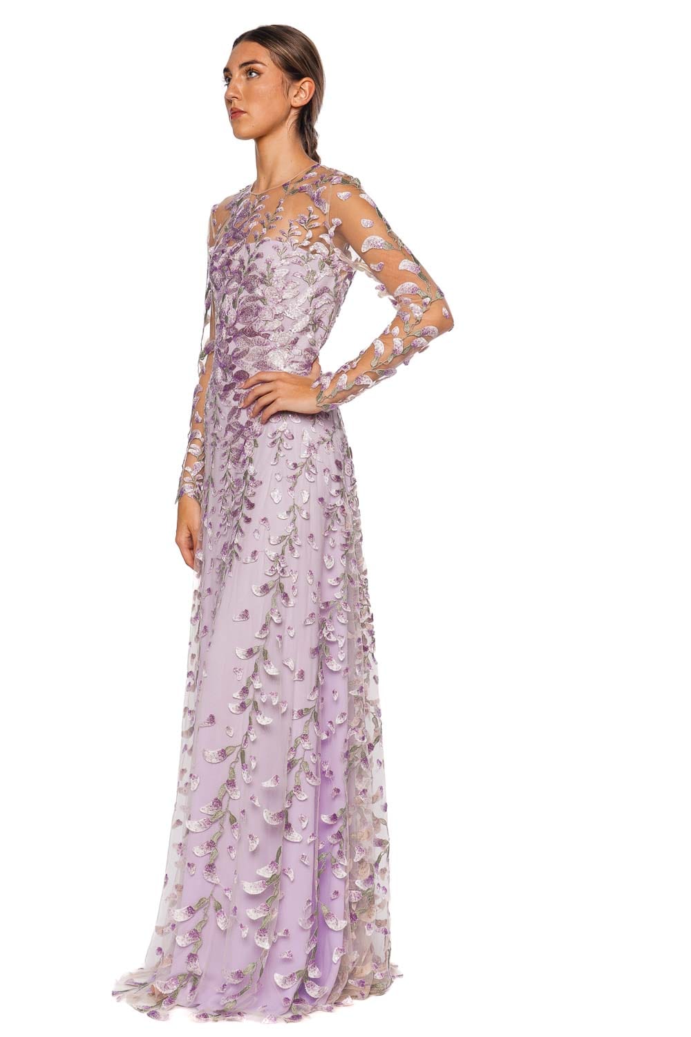 Naeem Khan FLORAL LACE LONG SLEEVE GOWN S25-340G LILAC MULTI