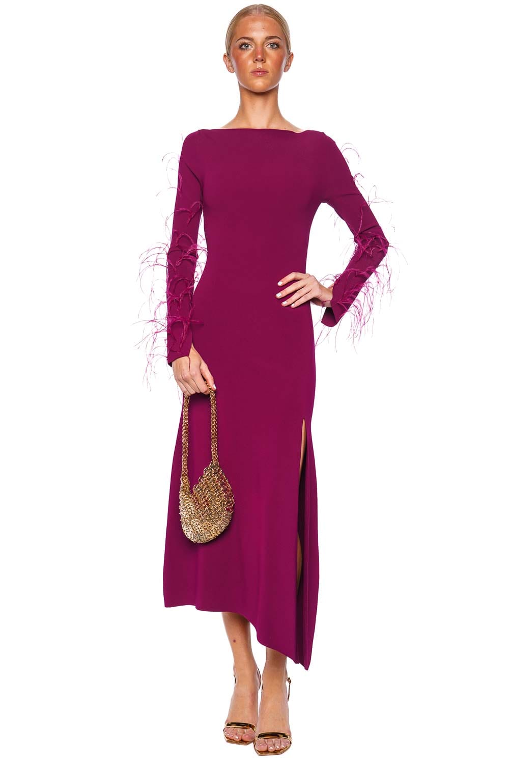 LAPOINTE Boatneck Feather Trim Long Sleeve Midi Dress