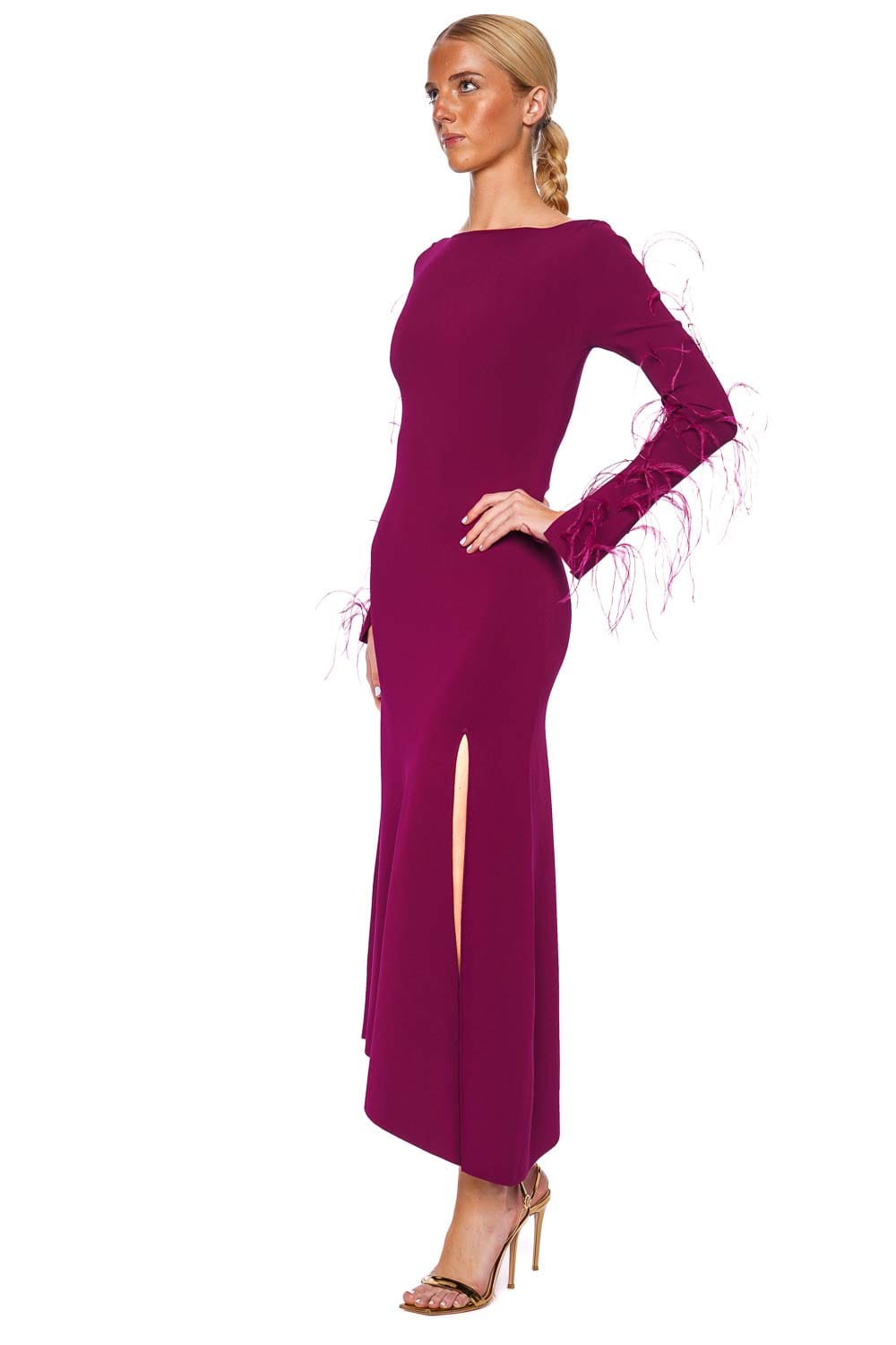 LAPOINTE Boatneck Feather Trim Long Sleeve Midi Dress