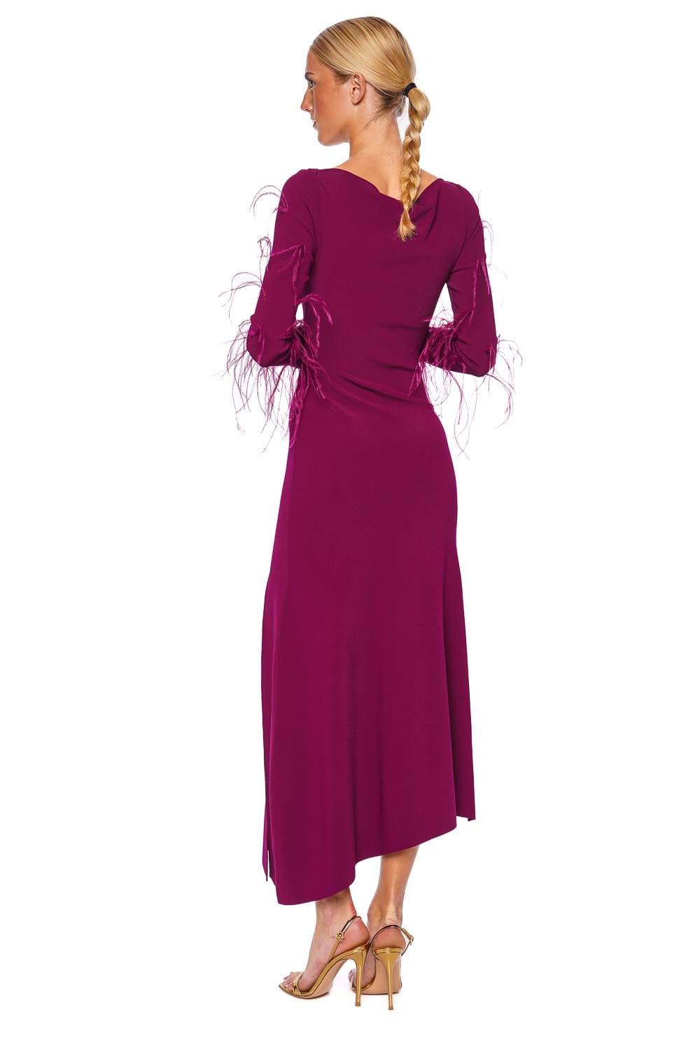 LAPOINTE Boatneck Feather Trim Long Sleeve Midi Dress