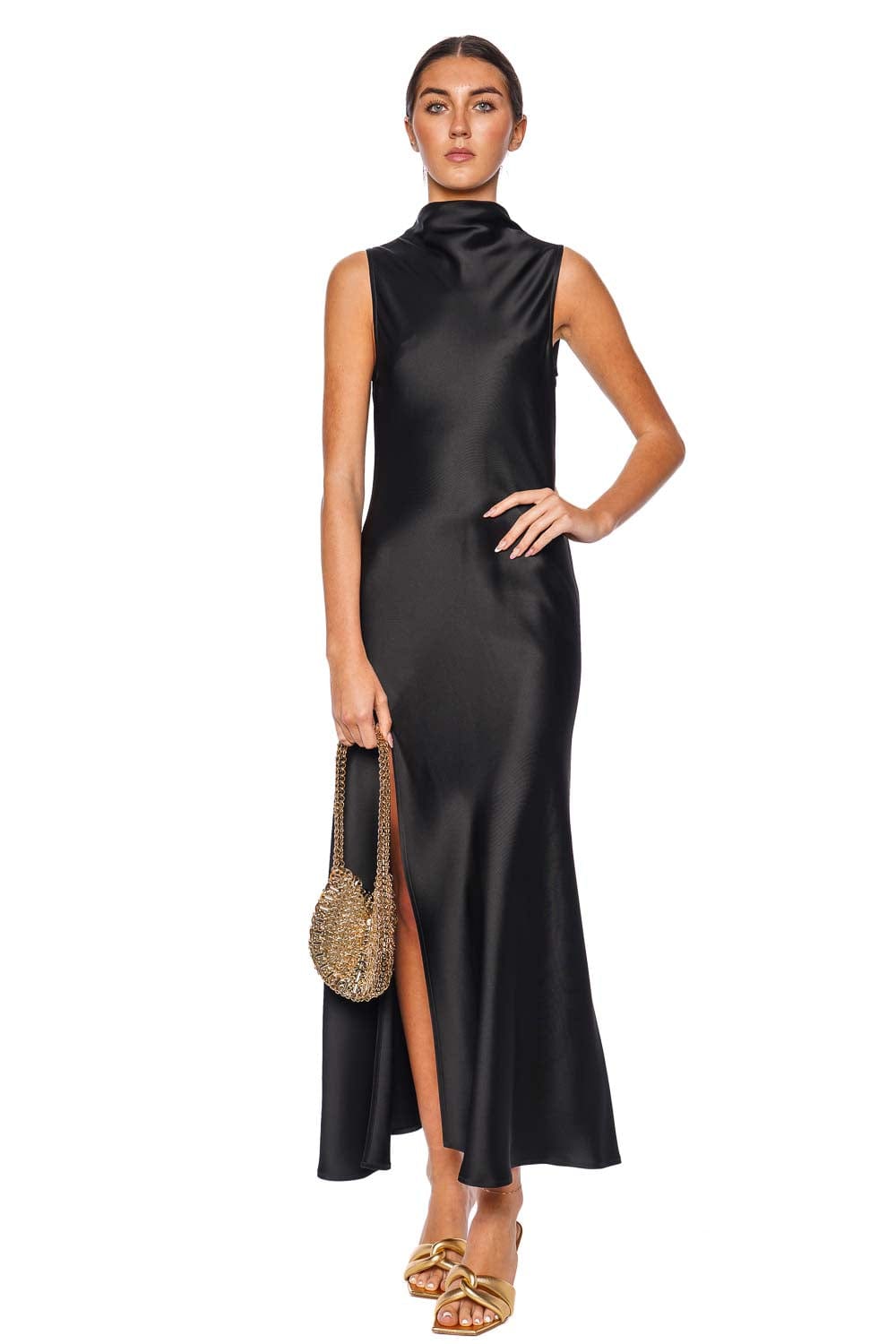 LAPOINTE Black Doubleface Satin Draped Maxi Dress