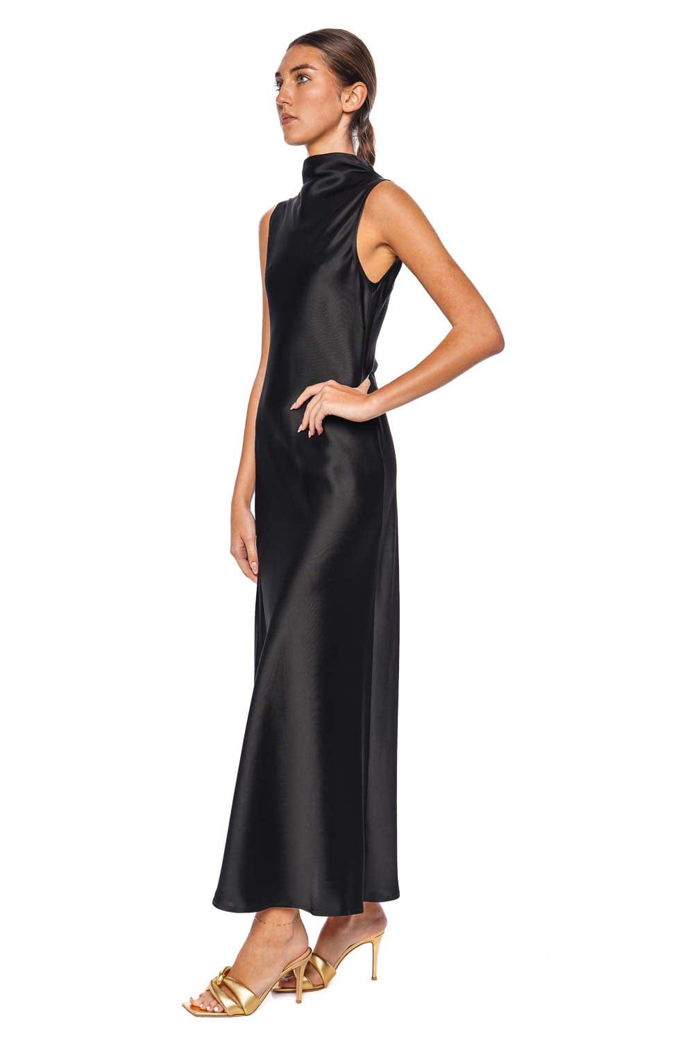 LAPOINTE Black Doubleface Satin Draped Maxi Dress