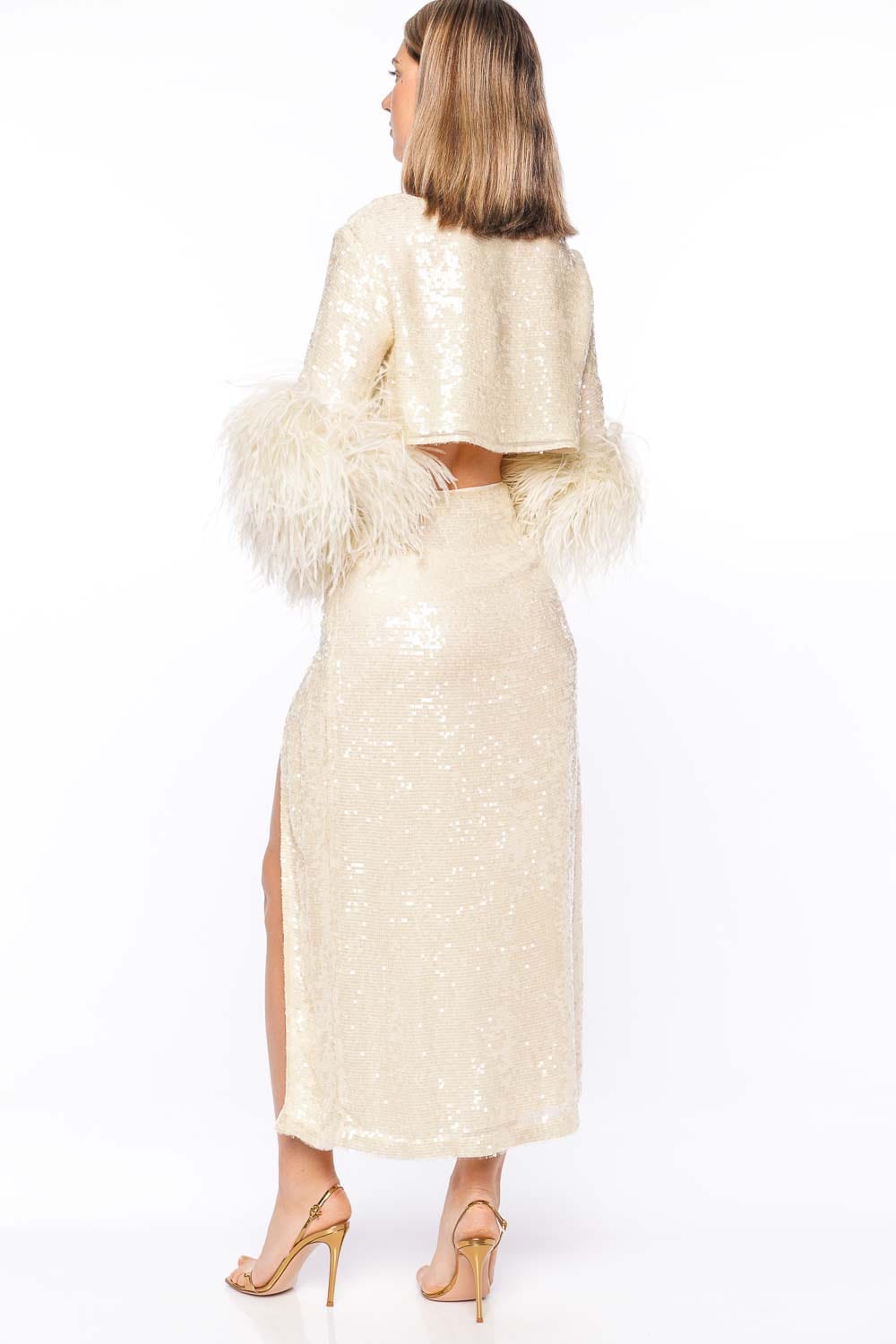 LAPOINTE Cream Sequin Side Slit Midi Skirt