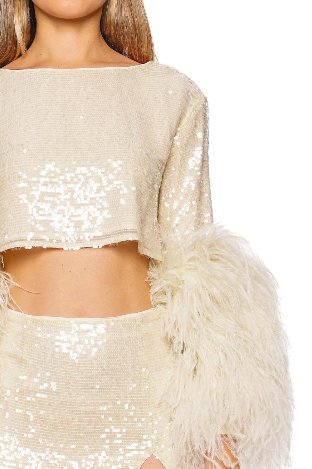 LAPOINTE Cream Sequin Feathered Crop Top