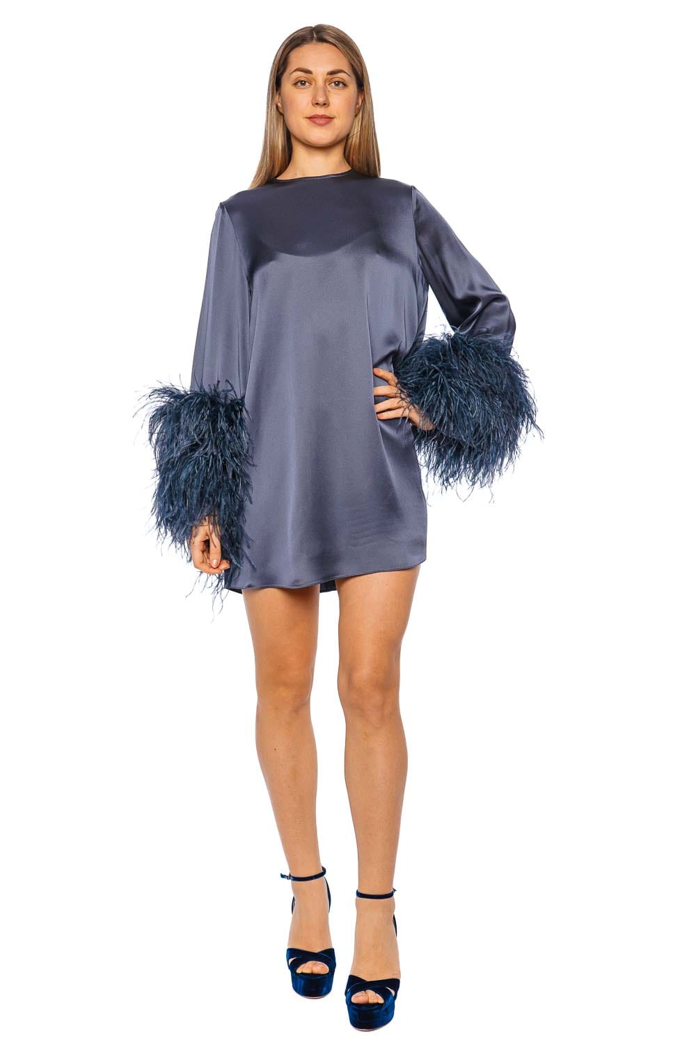 LAPOINTE Marine Satin Shift Feathered Mini Dress