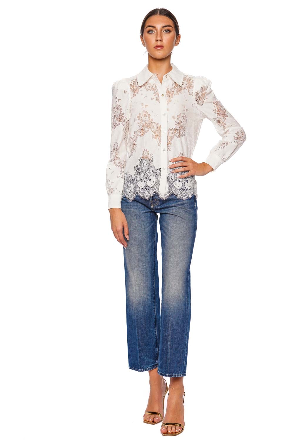 L'AGENCE Jenica Ivory Long Sleeve Lace Blouse