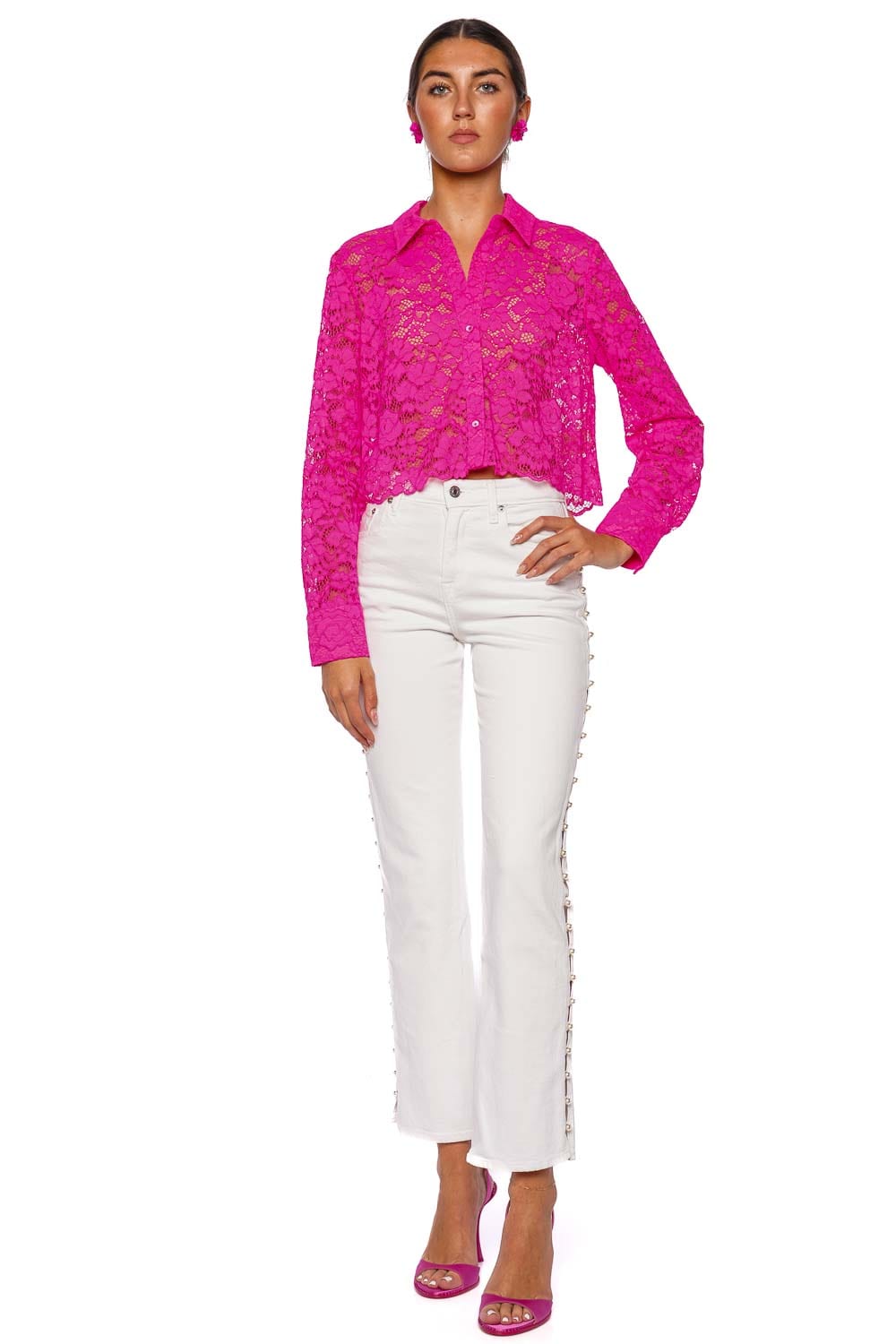 L'AGENCE Akemi Pink Lace Cropped Blouse