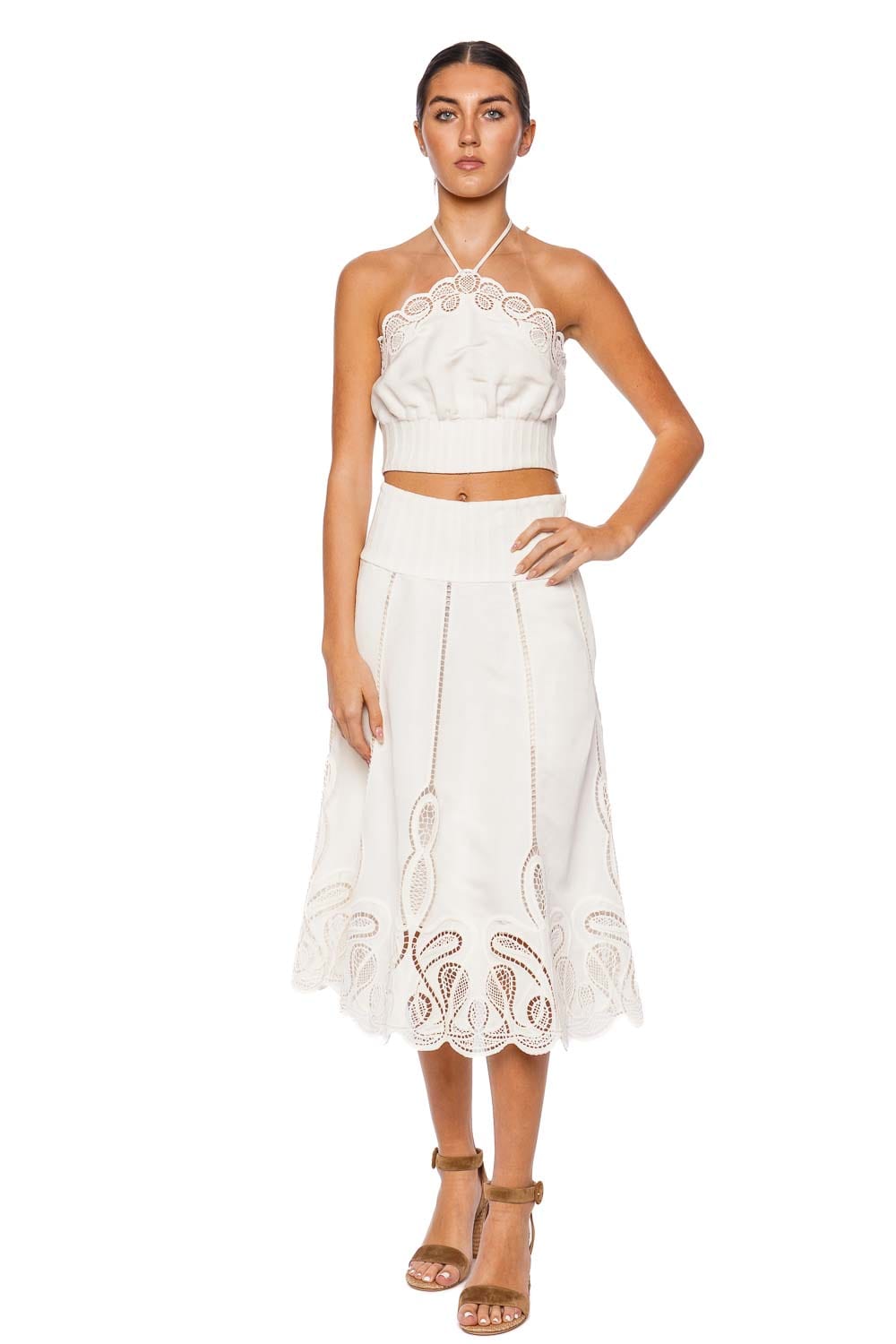 SIMKHAI Mellie Ivory Eyelet Halter Top