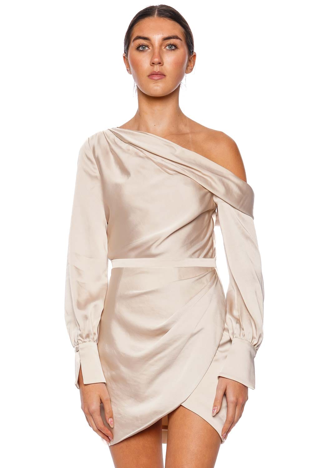 SIMKHAI Cameron Champagne One Shoulder Mini Dress