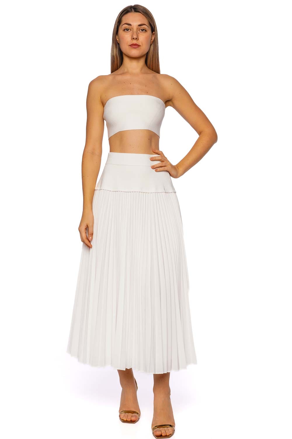 Stella White Pleated Combo Midi Skirt