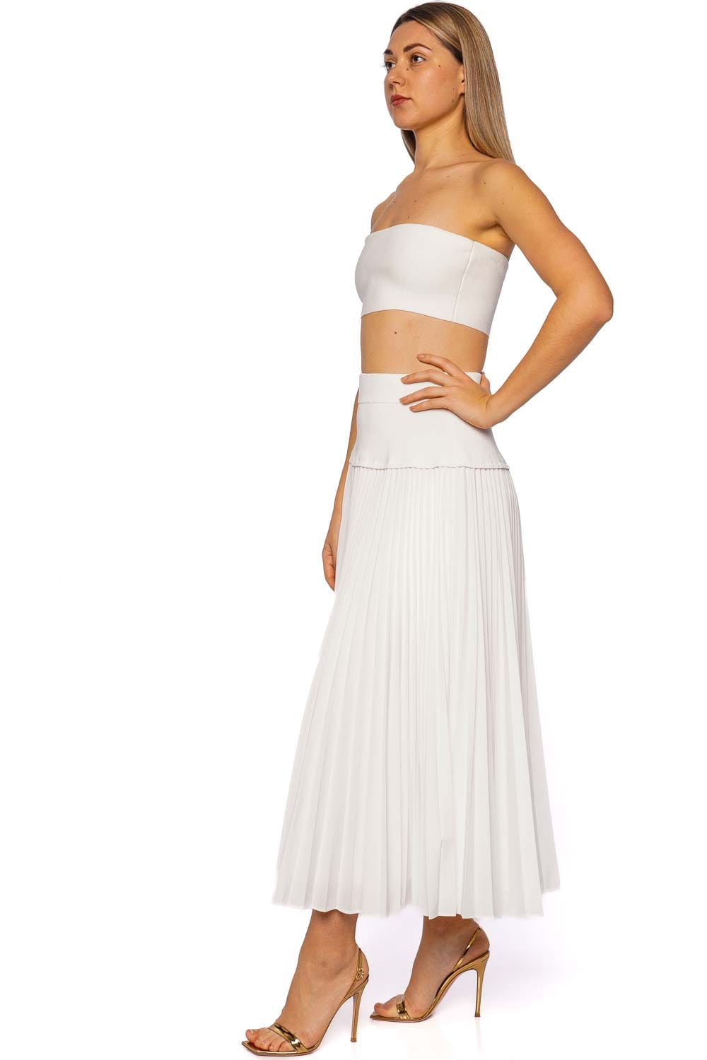 Stella White Pleated Combo Midi Skirt