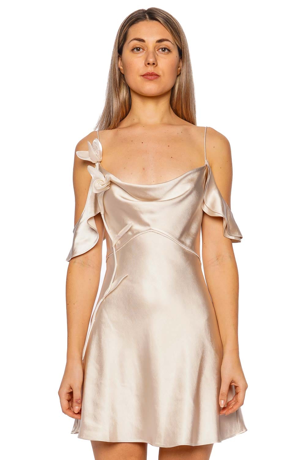 ワンピース SELF PORTRAIT SATIN FLOWER MINI DRESS CHAMPAGNE Champagne Flower Satin Mini Dress – self-portrait-US