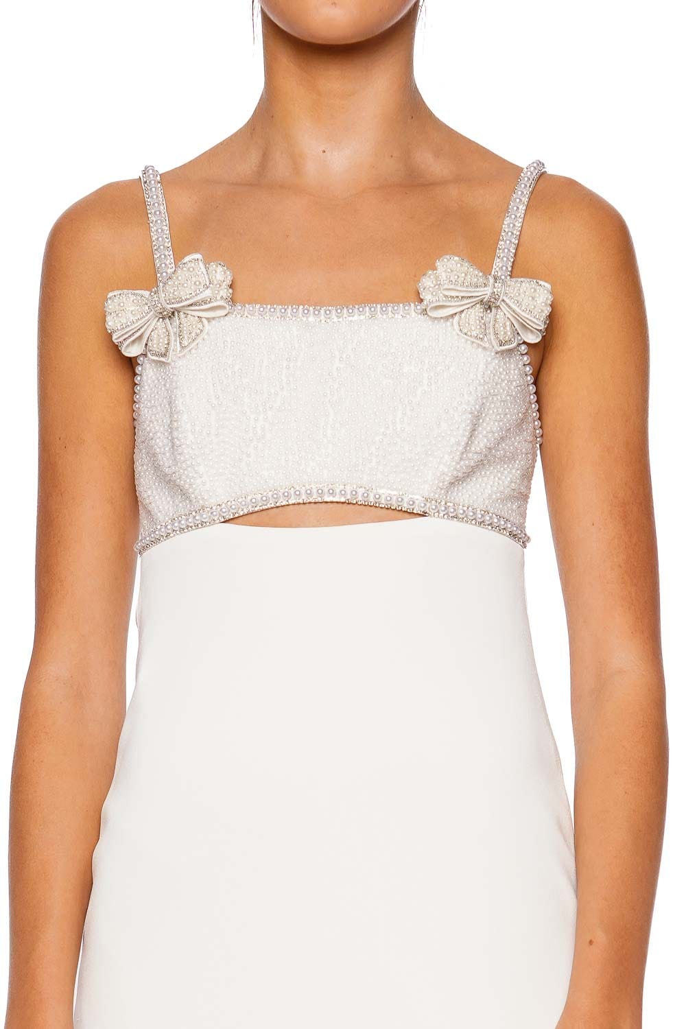 self-portrait White Crepe Pearl Bow Mini Dress