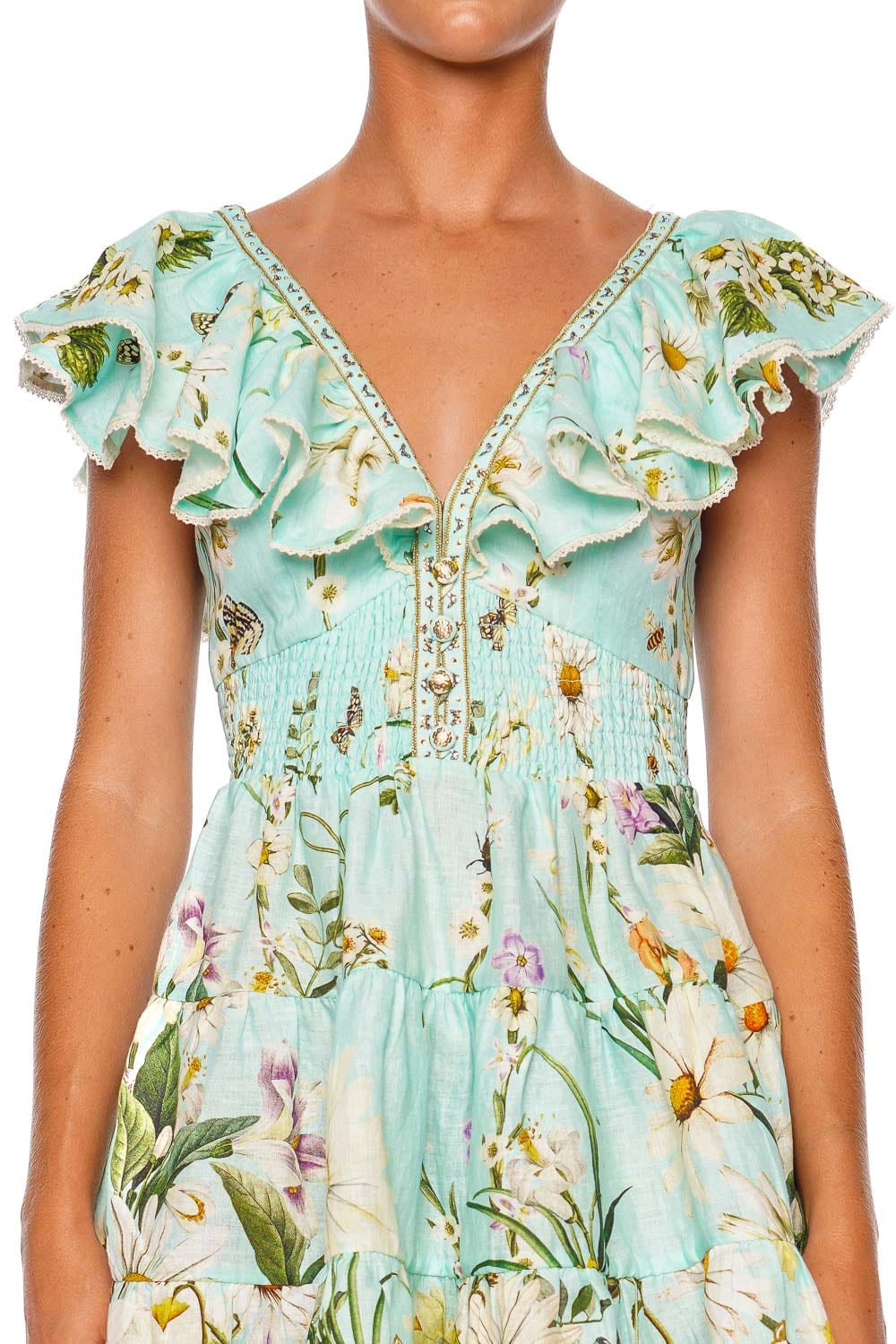 Camilla TIERED SHORT DRESS WITH NECK FRILL 00035363-FLORFREE FLORAL FREEFALL