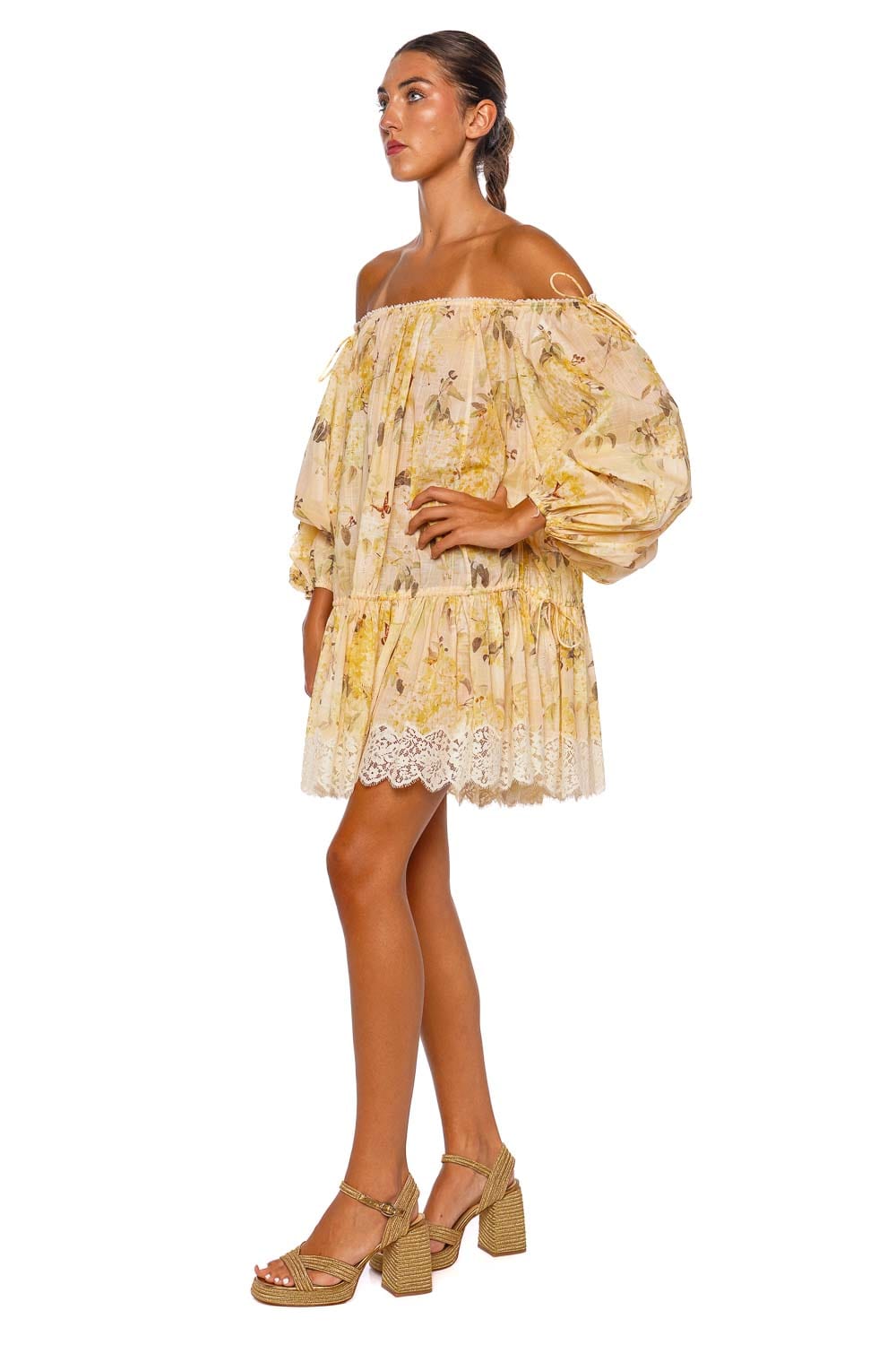 リネン★花柄★ミニワンピース★ ZIMMERMANN 春デザイン*ZIMMERMANN*レーストリム リネンミニドレス 花柄 白
