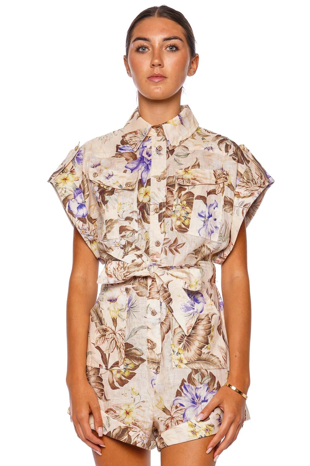 ZIMMERMANN Coco Floral Cuffed Linen Playsuit