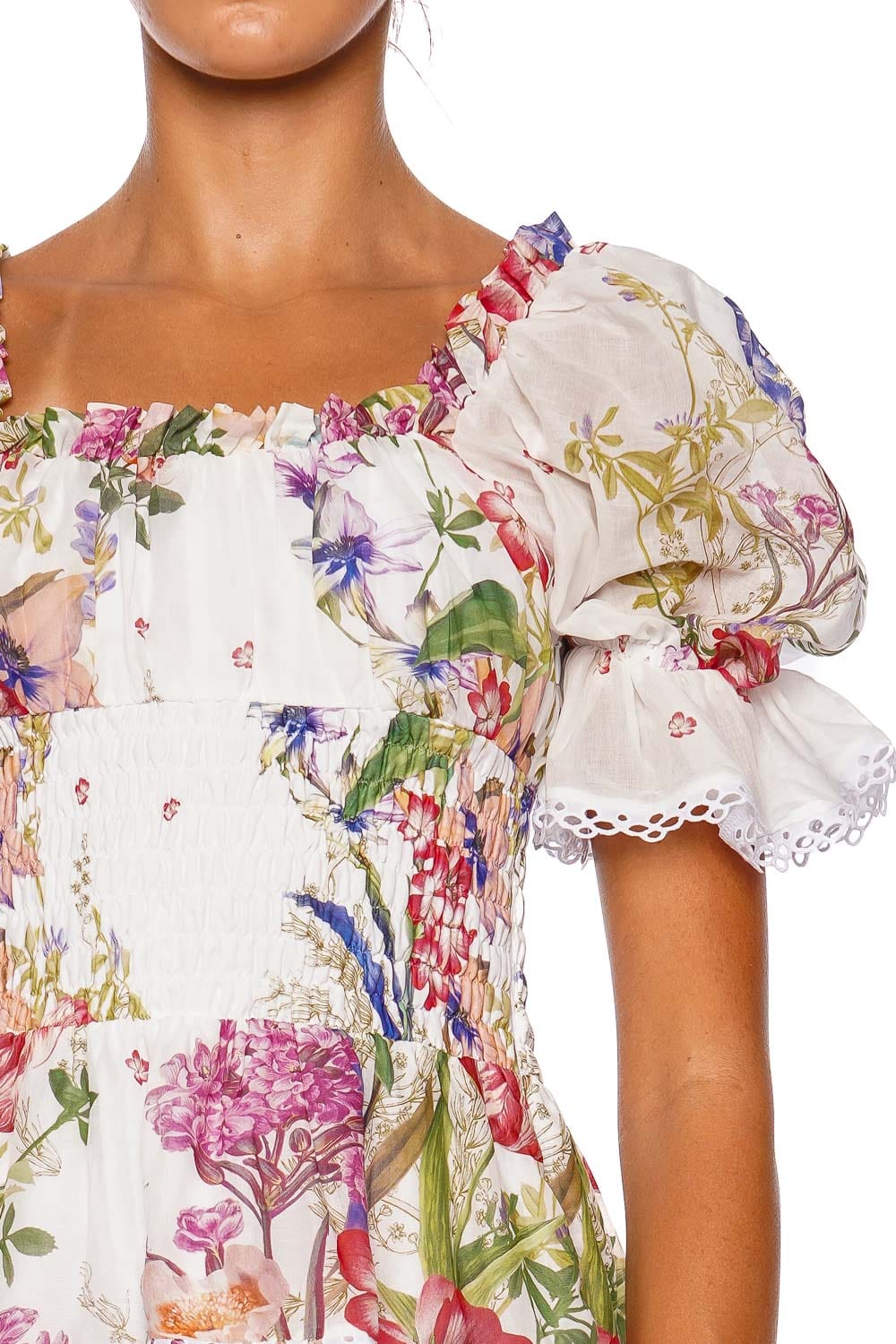 CHARO RUIZ IBIZA Giulia White Botanical Puff Sleeve Mini Dress