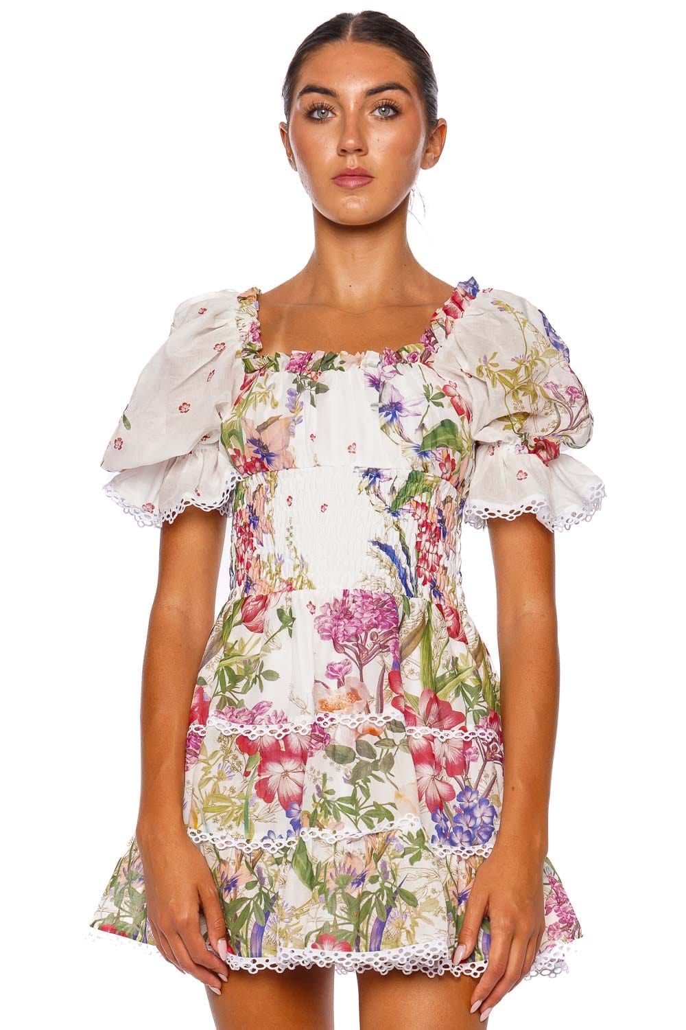CHARO RUIZ IBIZA Giulia White Botanical Puff Sleeve Mini Dress