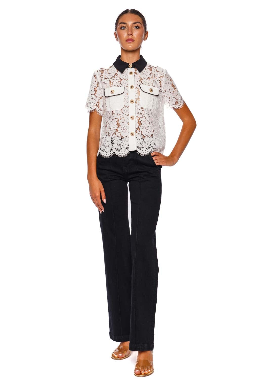 トップス melt the lady contrast garter tops white White Lace Contrast Collar Top