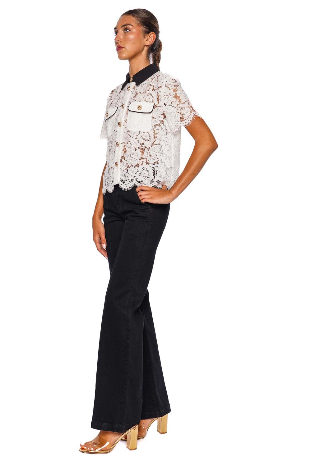 Tシャツ・カットソー SELF PORTRAIT FW25 Tops (PF25 020T W WHITE) White Lace Contrast Collar Top