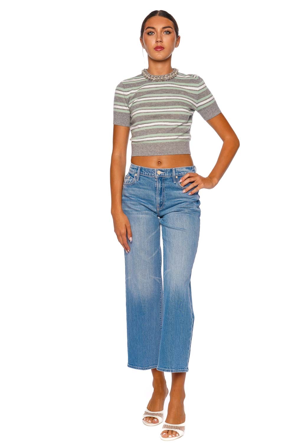 self-portrait Grey Stripe Crystal Trim Knit Top