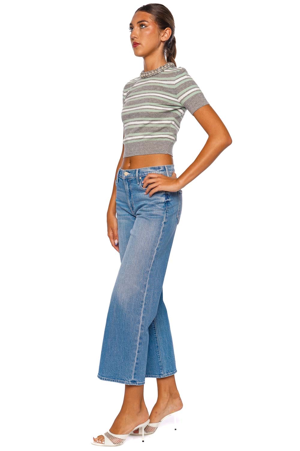self-portrait Grey Stripe Crystal Trim Knit Top