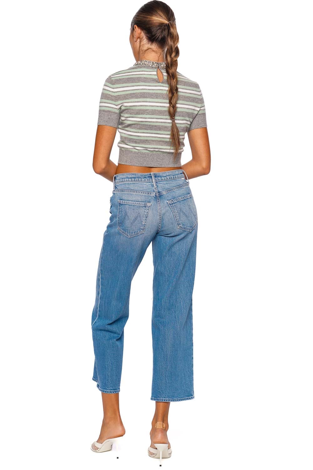 self-portrait Grey Stripe Crystal Trim Knit Top