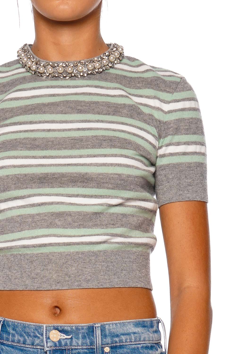 self-portrait Grey Stripe Crystal Trim Knit Top