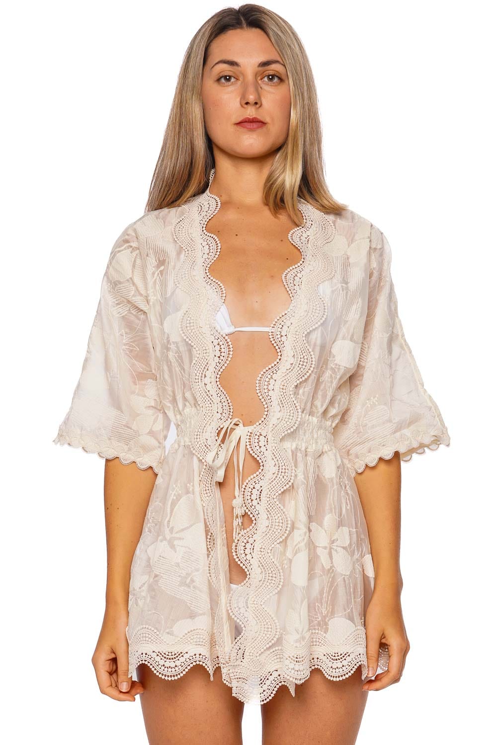 Waimari Ecru Lace Trim Short Kimono
