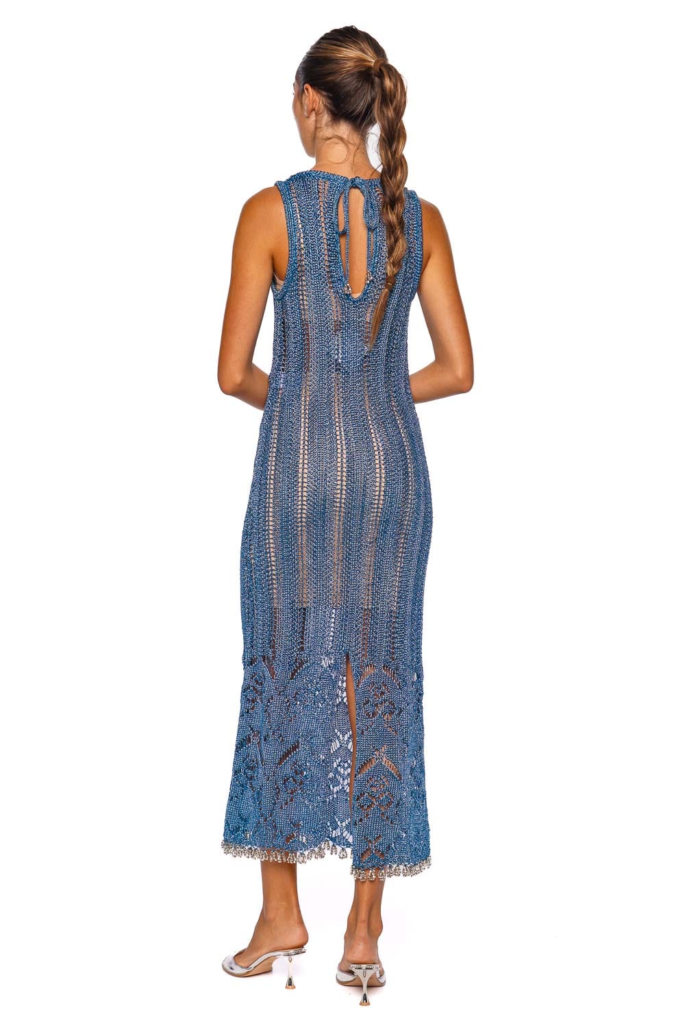 Turquoise Metallic Crochet Fringe Maxi Dress