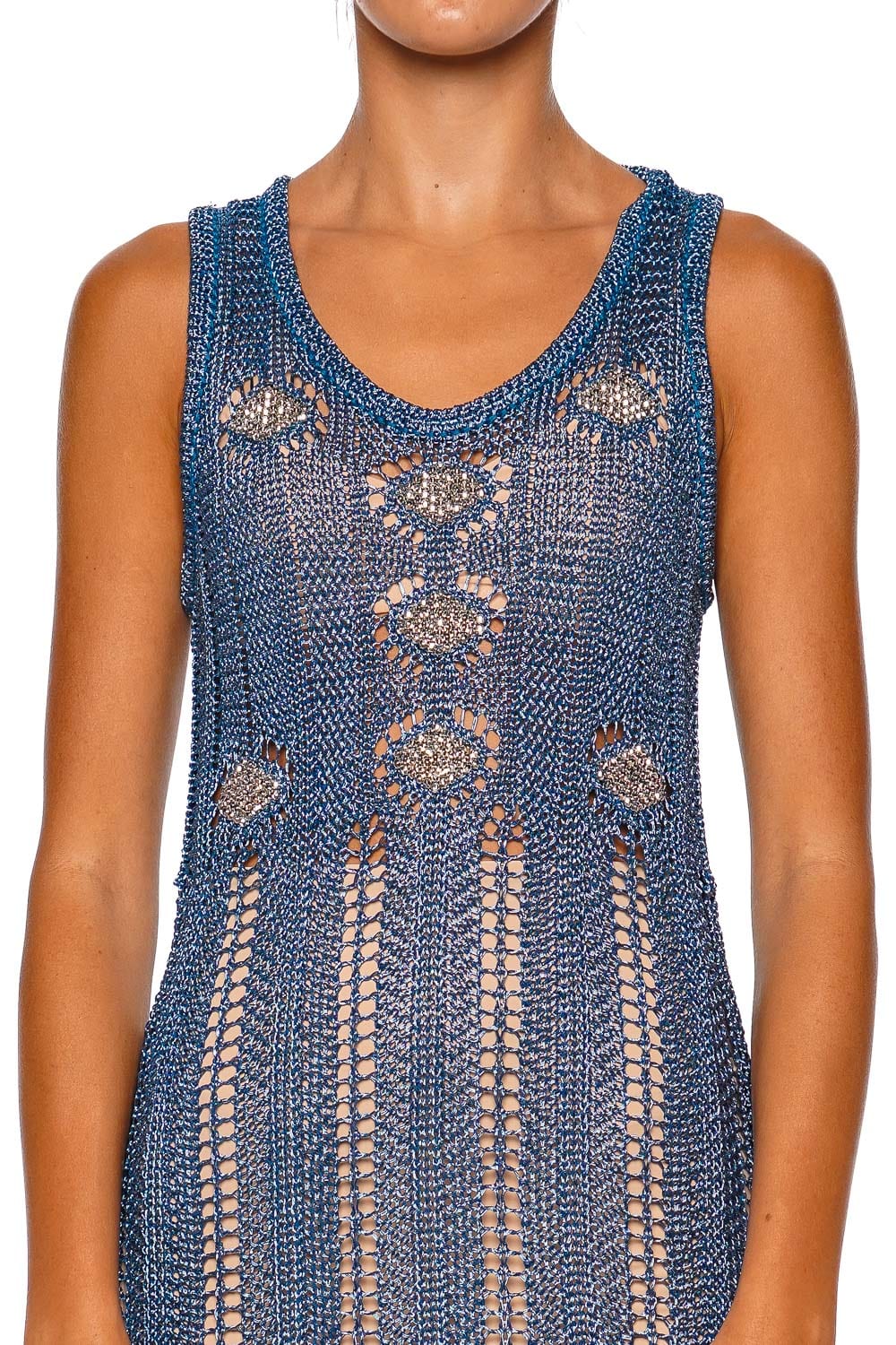 Turquoise Metallic Crochet Fringe Maxi Dress