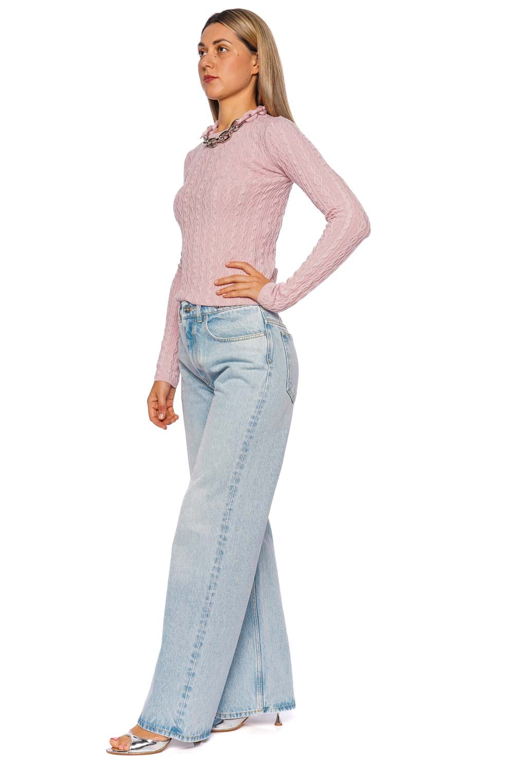 ランデブー randeboo charm cut cable knit Pink Cable Knit Chain Necklace Sweater