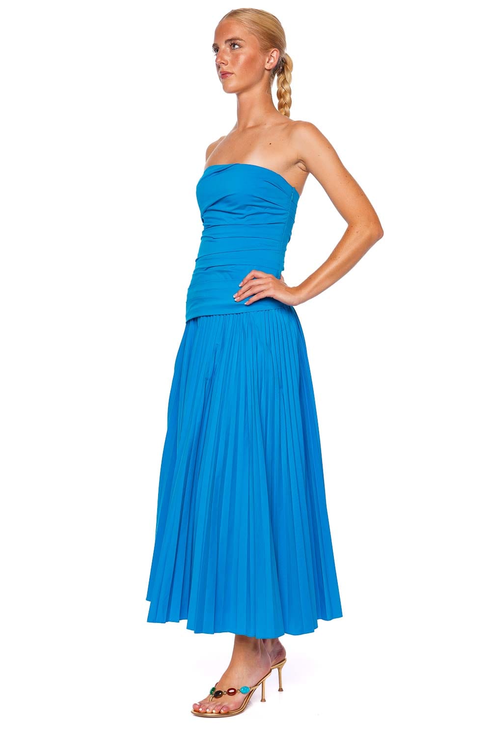 Arie Strapless Cotton Pleated Midi Dress
