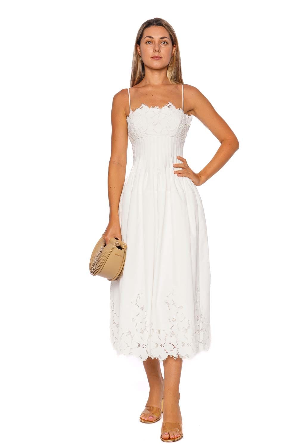SIMKHAI Lilianna White Lace Pleated Midi Dress