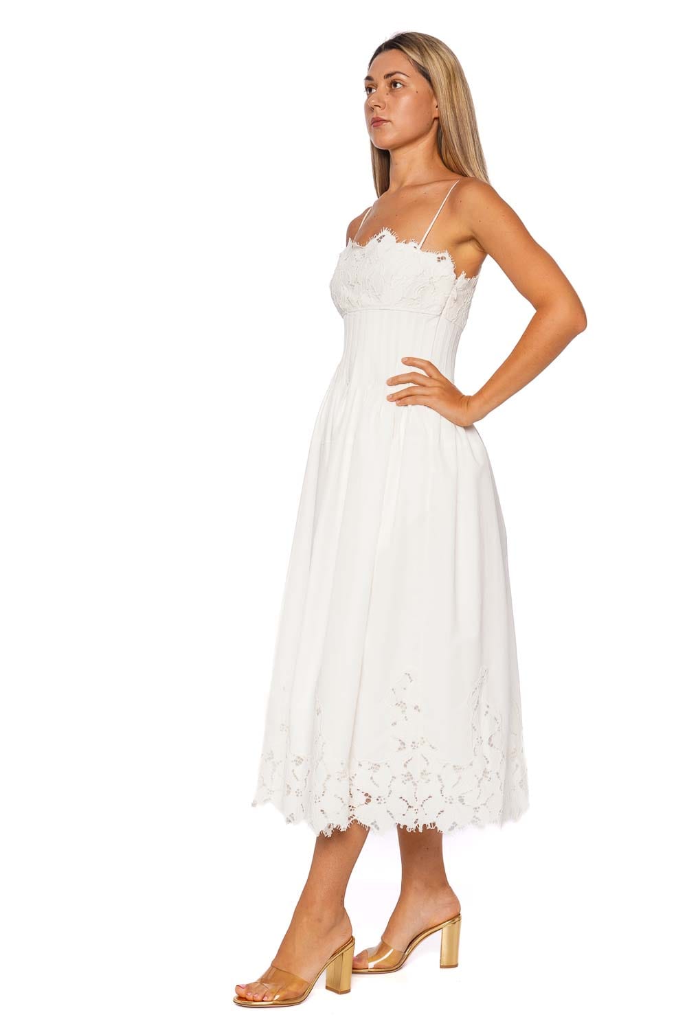 SIMKHAI Lilianna White Lace Pleated Midi Dress