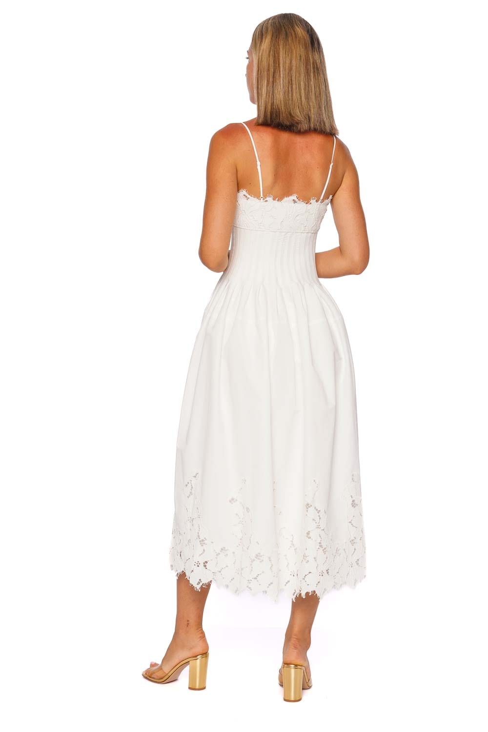SIMKHAI Lilianna White Lace Pleated Midi Dress